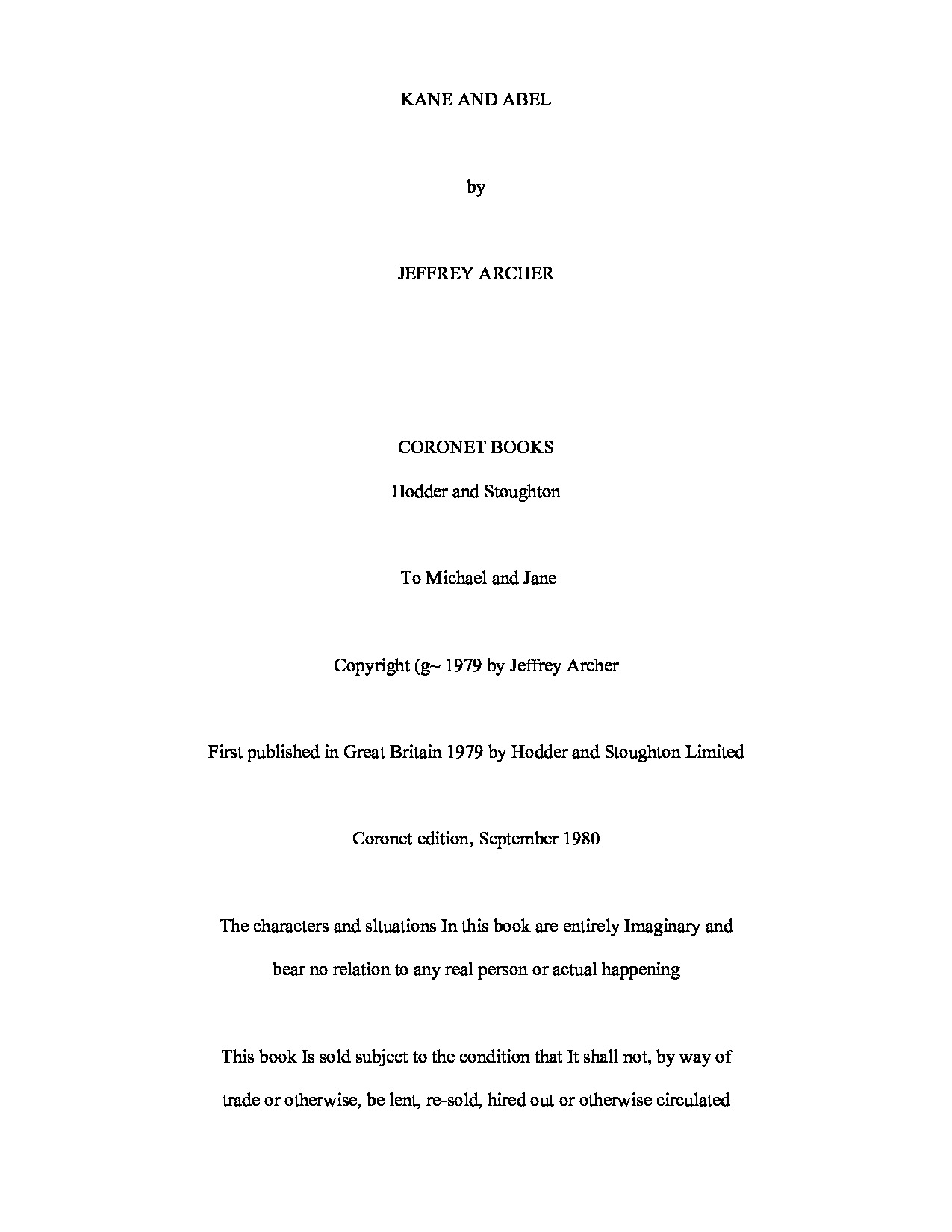 Jeffrey Archer Kane and Abel Corone Books 1981